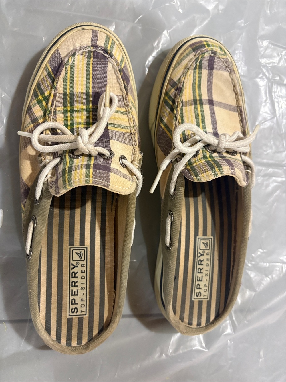 Sperry Plaid Canvas Boat Shoes in Yellow, Green and Cream